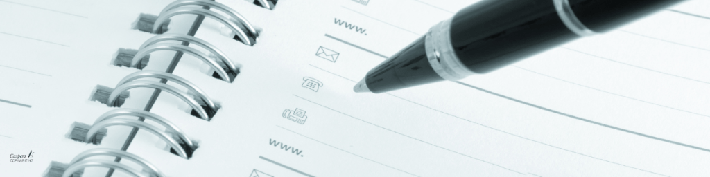 Contact Caspers Copywriting pen and address book header