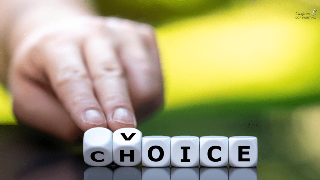 word choice blog banner showing letter blocks going from choice to voice
