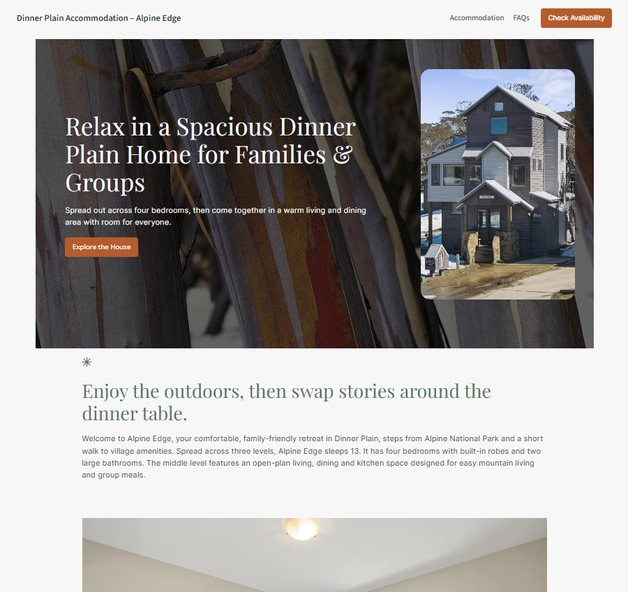 Screenshot of Alpine Edge Dinner Plain's accommodation website written and designed by Caspers Copywriting. Image is part of Ashley Caspers's copywriting portfolio