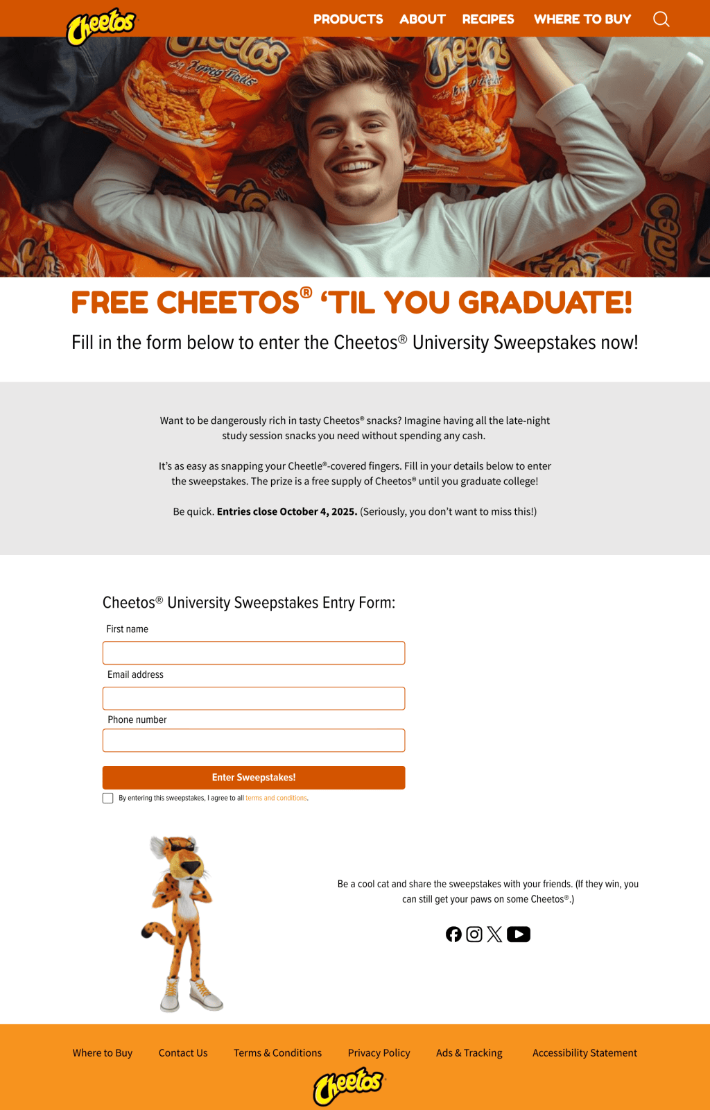 Image of a Speculative advertisement for a Cheetos sweepstakes for college students, written by Caspers Copywriting.
